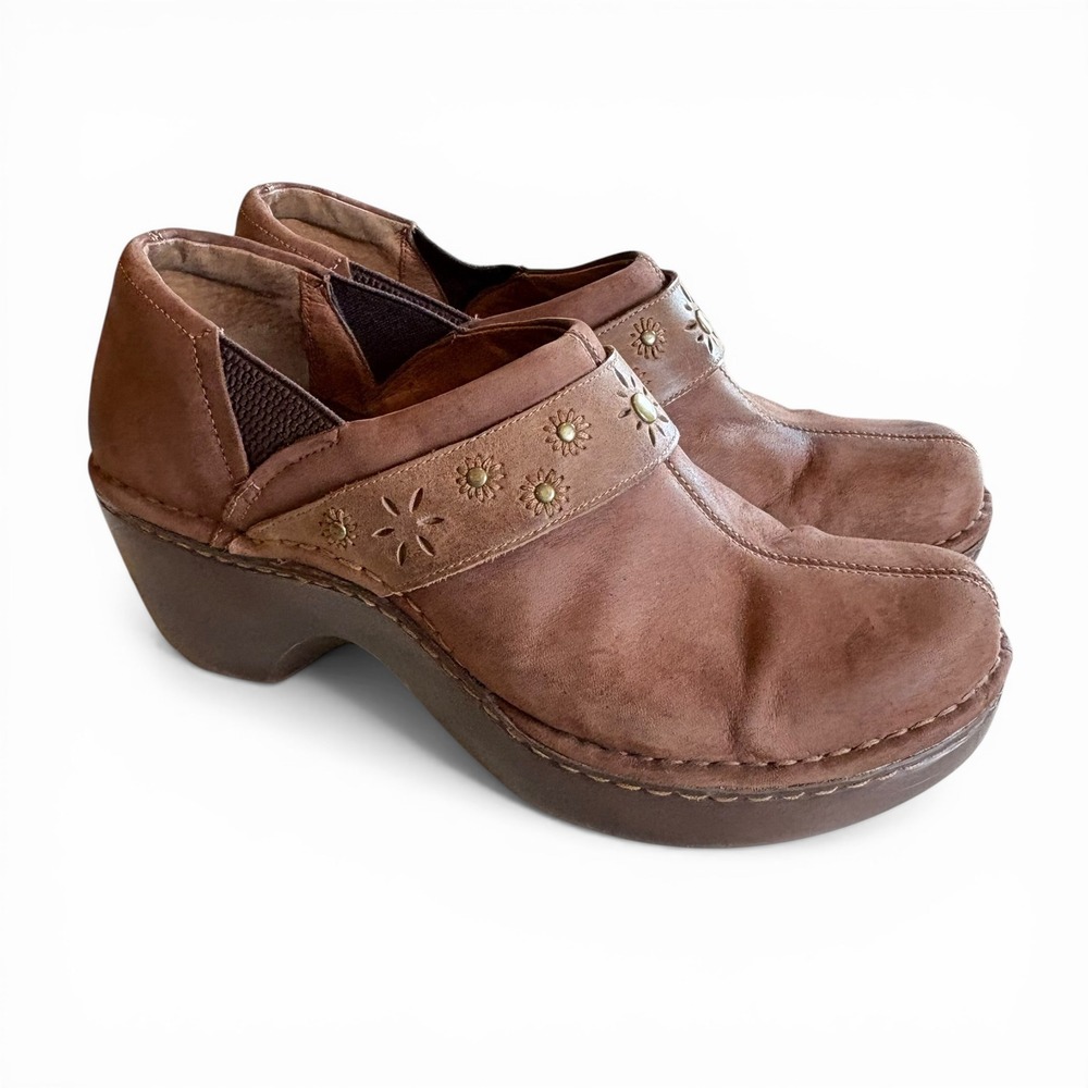 Ariat Womens Brown Leather Floral Studded Slip On Clog Shoes Size 10B